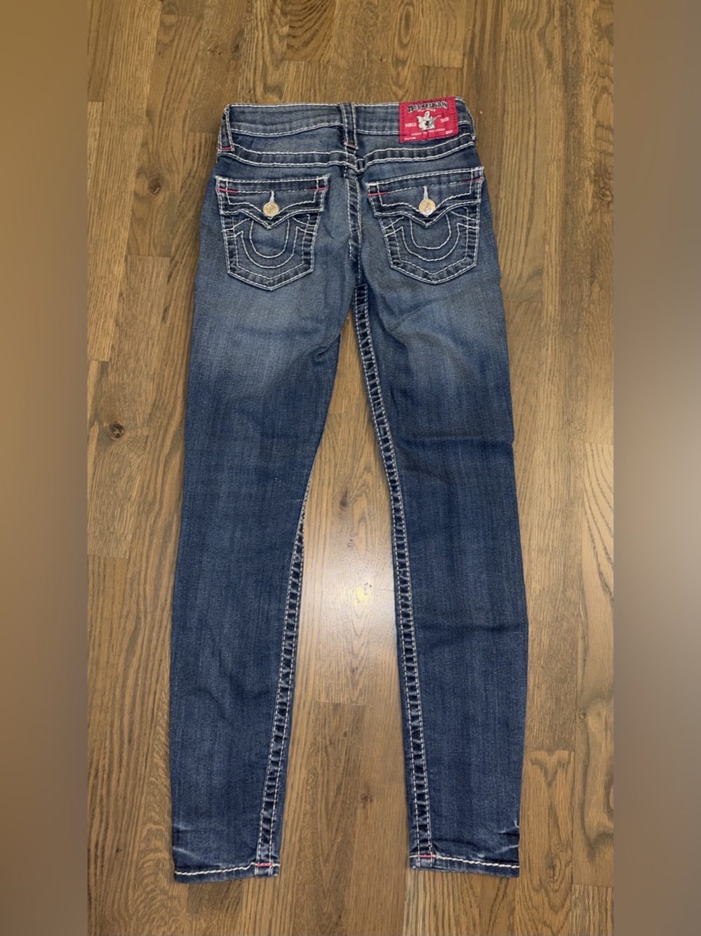 TRUE RELIGION Thick Stitch Flap Pocket Skinny Jeans Size 25 Blue Pink Detail